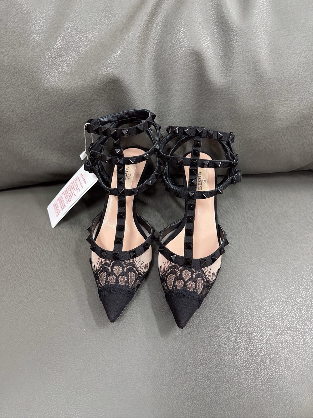 Valentino Black Lace T-Strap Rockstud Pointed Heels